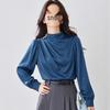 Elegant Draped Neck Long-Sleeve Blouse with Puff Shoulders