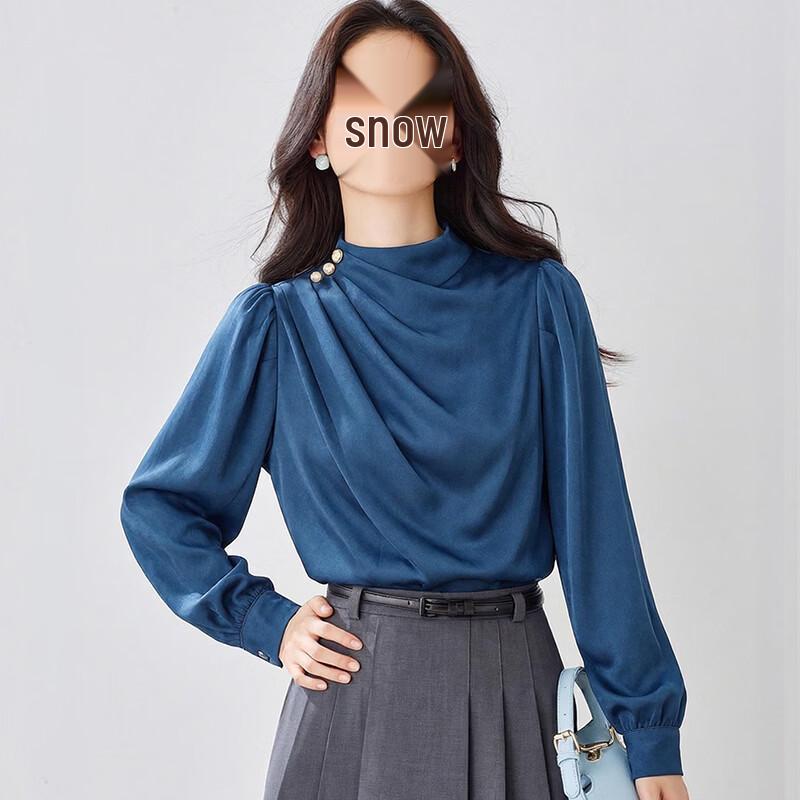 Elegant Draped Neck Long-Sleeve Blouse with Puff Shoulders