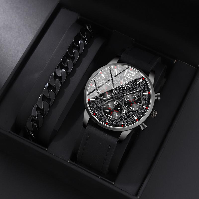 2PCS Set DEYROS Fashion Men's Watch Luxury Men's Leather Strap Calendar Watch Casual Men's Leather Quartz Watch Men's Gifts