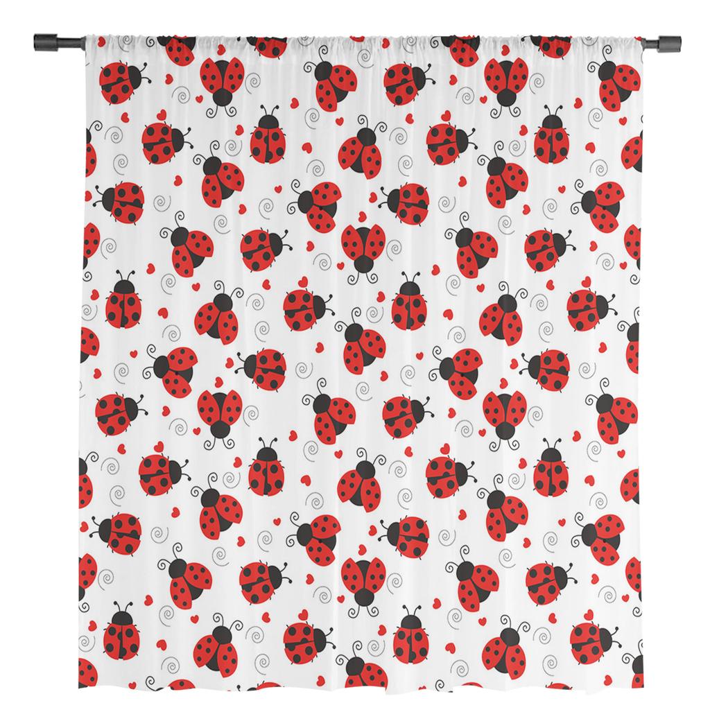 Red Ladybug Love White Sheer Curtains for Living Room Decoration Window Curtains for Kitchen Tulle Voile Organza Curtains