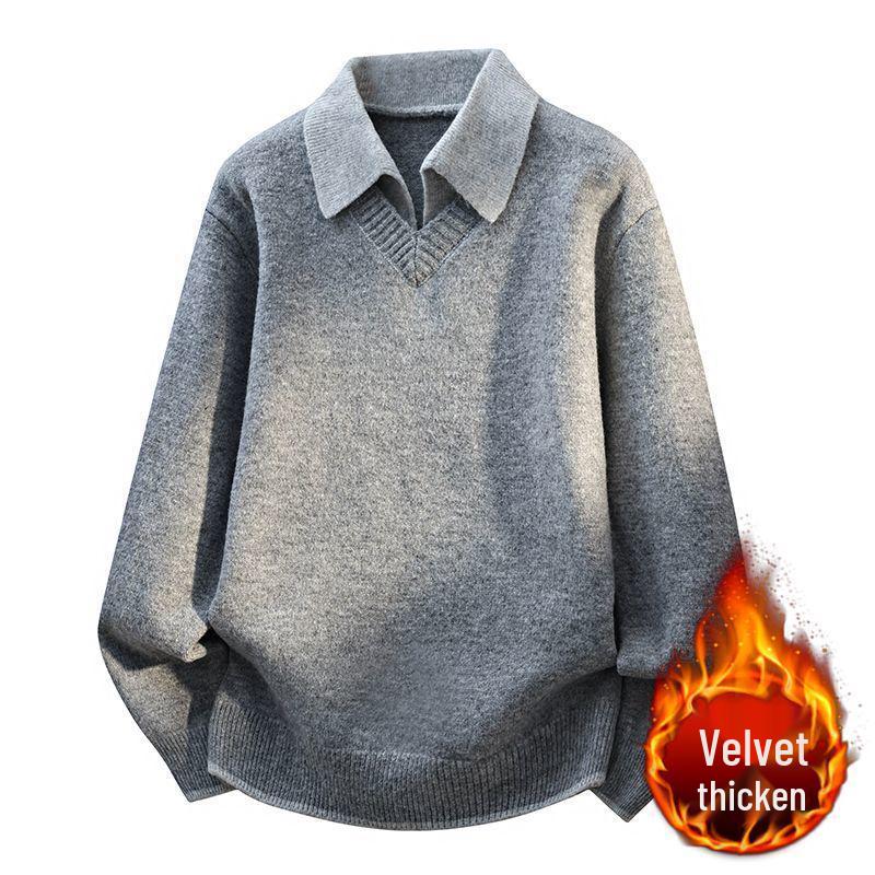 Men's Trendy Faux Two-Piece Lapel Sweater - Autumn/Winter Thickened Velvet Casual Knit Base Layer