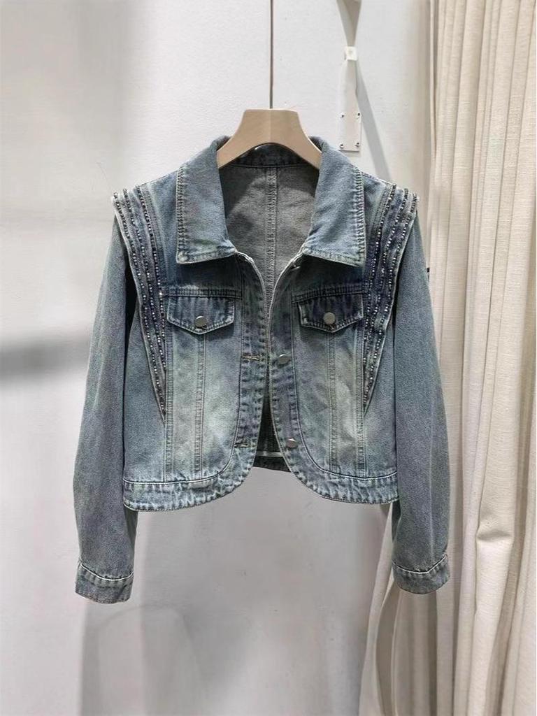 Women's European-Style Beaded Denim Jacket - 2025 Autumn/Winter Collection: Short Heavy-Duty Cardigan
