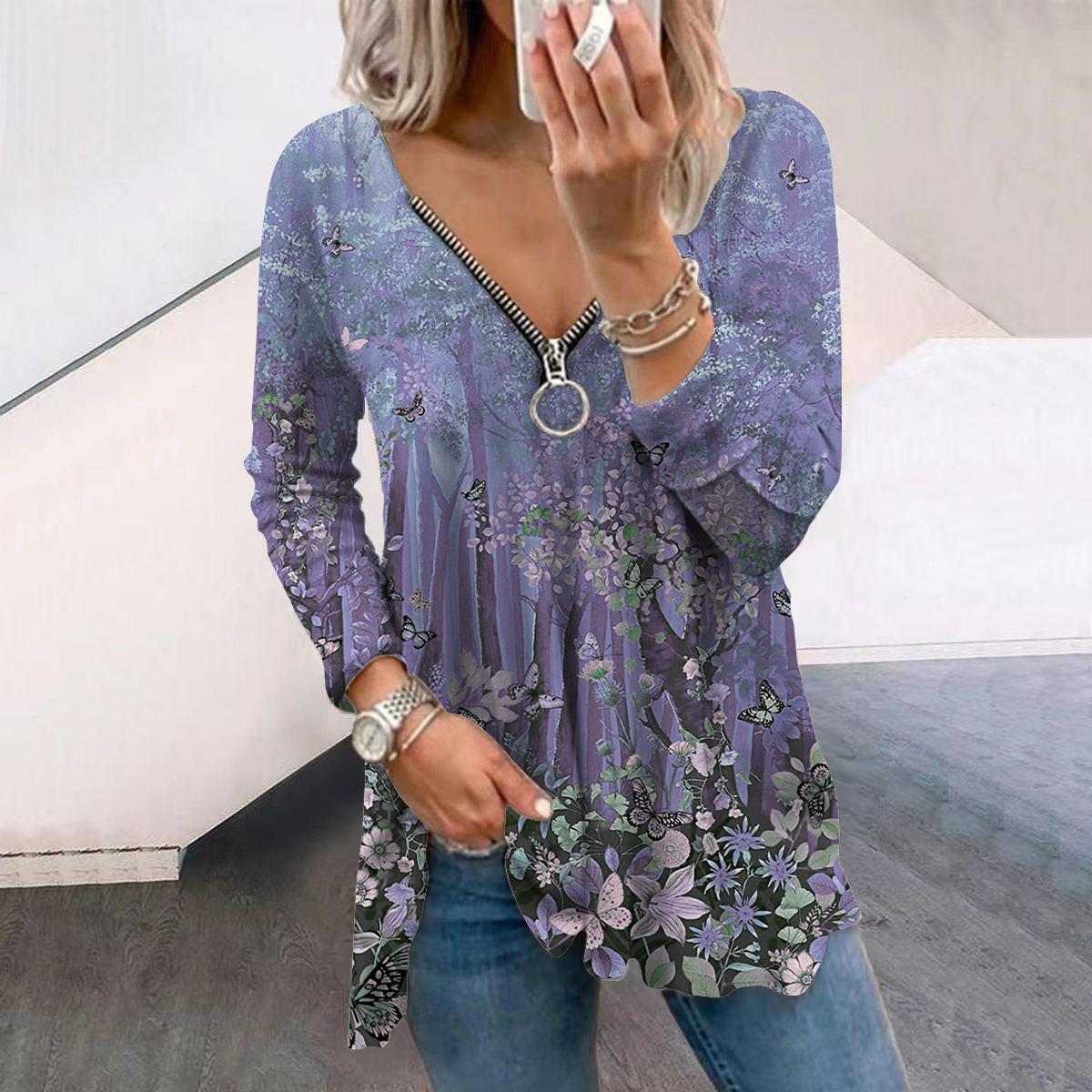 

Женские футболки с длинным рукавом и принтом «Осенний лес, дерево, бабочка», свободные футболки больших размеров с V-образным вырезом, удобные блузки XS серый