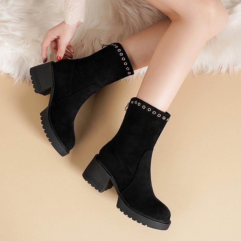 Coarse Heel Fashion Boots 2025 Autumn and Winter Cotton Shoes Piled Thickened Fashion Boots Platform Women's Shoes Winter Super Fire High Heel Short B