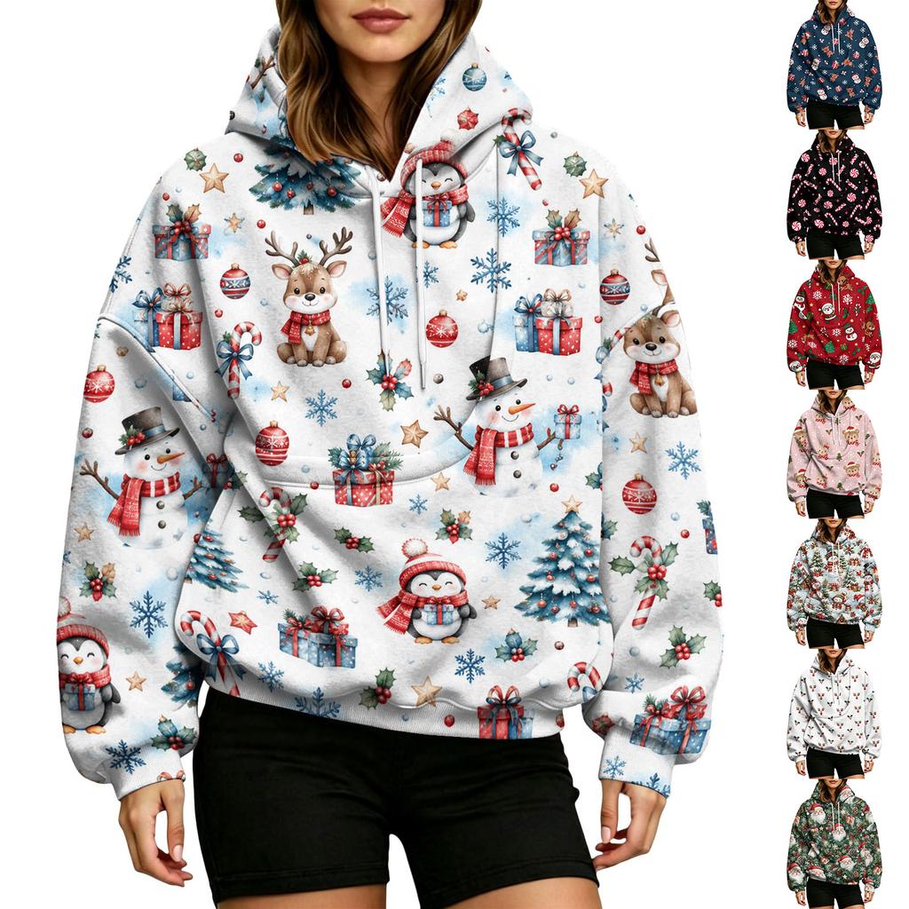 Damen Mode Weihnachtsdruck Pullover Hoodie mit großer Haustier Tasche für Freizeitkleidung