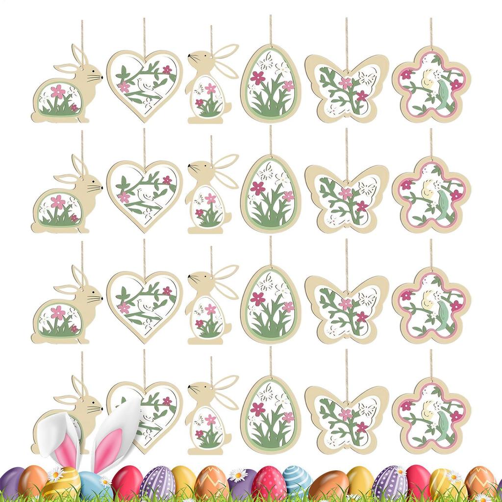24pcs Easter Wooden Rabbit Decorations Easter Bunny Spring Ornaments With Ropes For Indoor Porch Wall Window Fireplace
