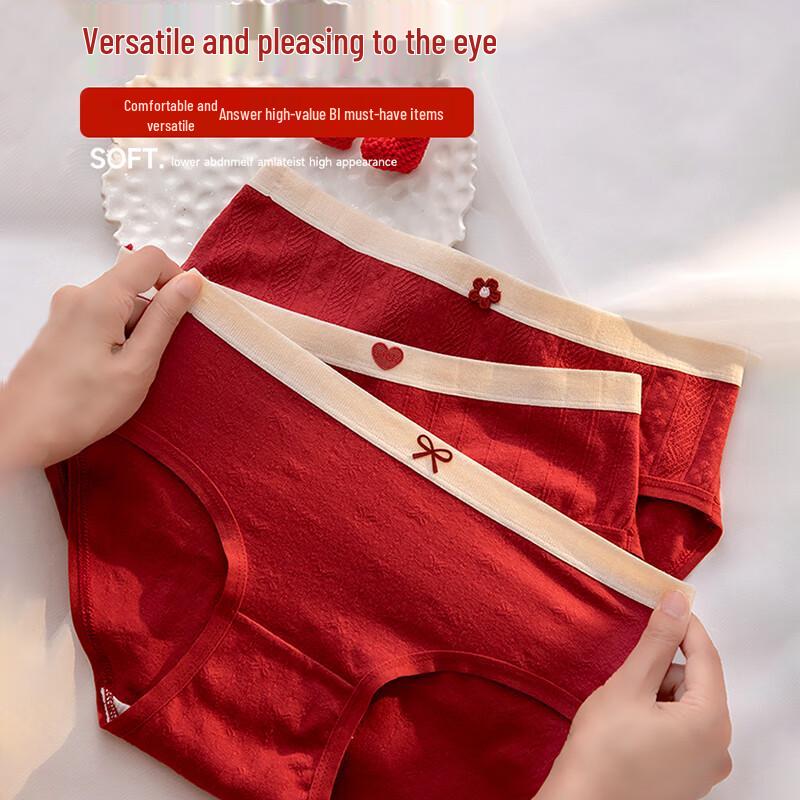 Women's Red Cotton Anti-Bacterial Briefs with Bow & Heart Print