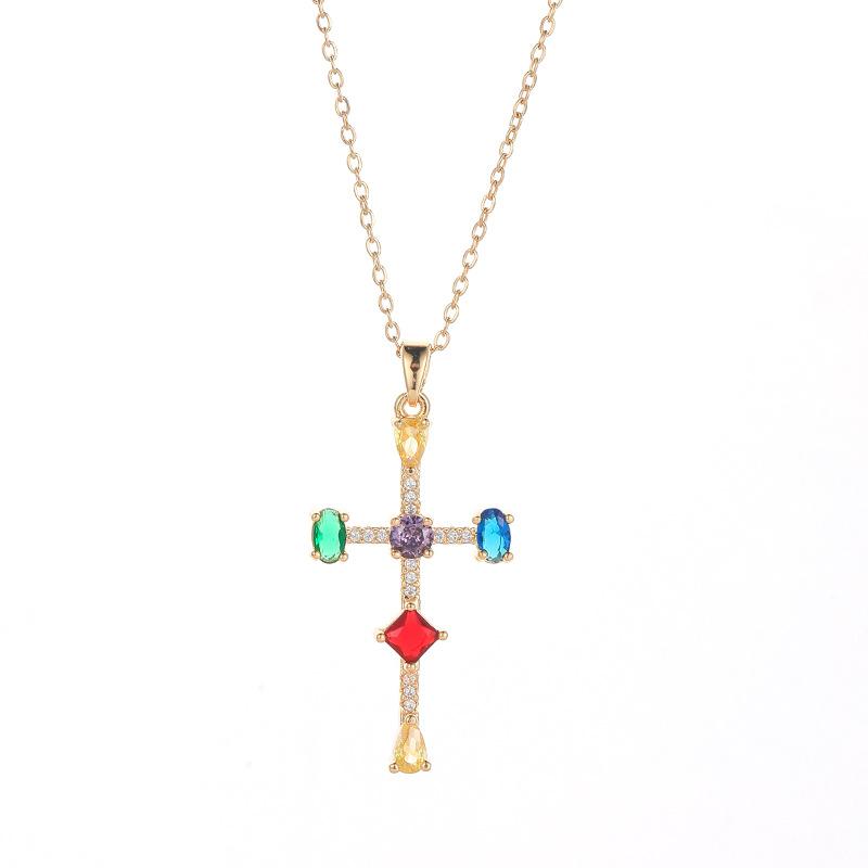Color Zircon Cross Necklace Women'S High Sense Personality Versatile Inlaid Pendant Collarbone Chain