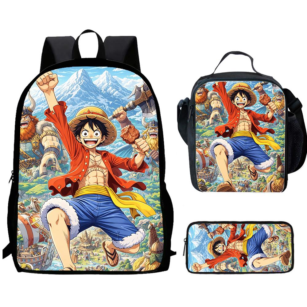 Cartoon One Piece 3Pcs Set, Lightweight Durable Children’s School Backpack with Lunch Bag Pencil Case, Best Gift for Boys Girls