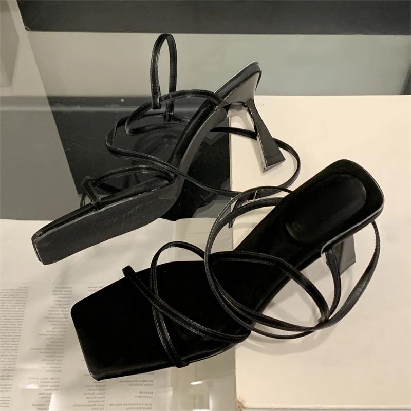 

Eilyken Fashion Design Narrow Band Thin High Heels Women Sandals Summer Square Toe Buckle Strap Banquet Party Shoes 35 чёрный