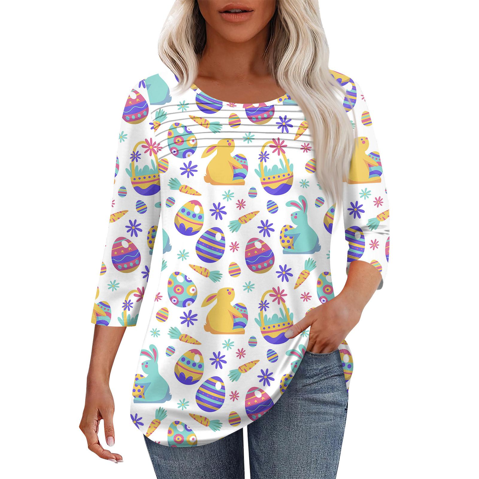 

Жіночий модний топ з круглим вирізом, плісованими передніми планками та принтом, рукавами 3/4 S