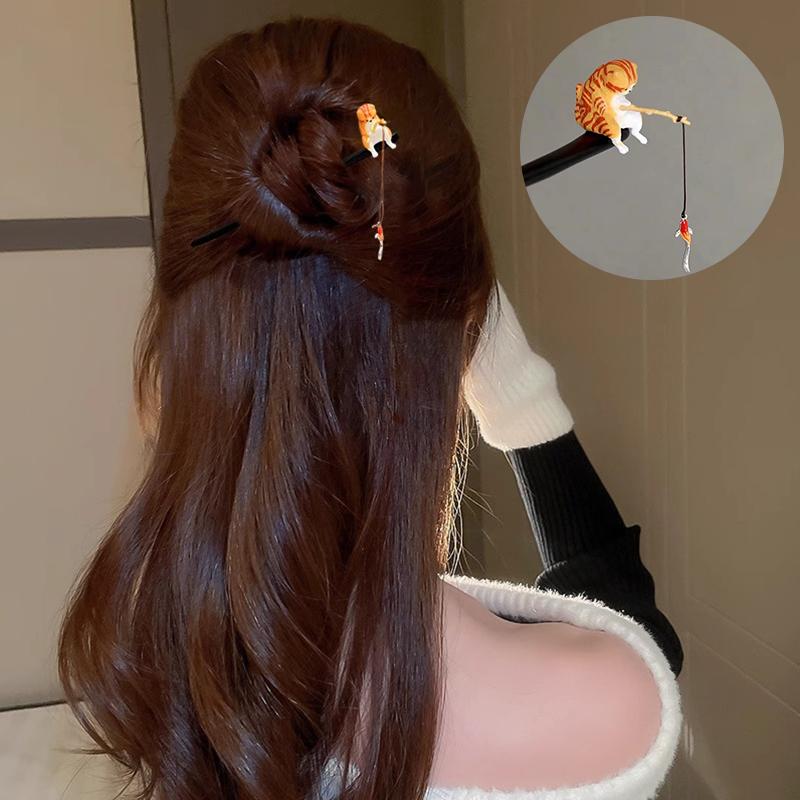 1PC Chinese Style Vintage Cat Fishing Wooden Hair Stick Women Cheongsam Accessories