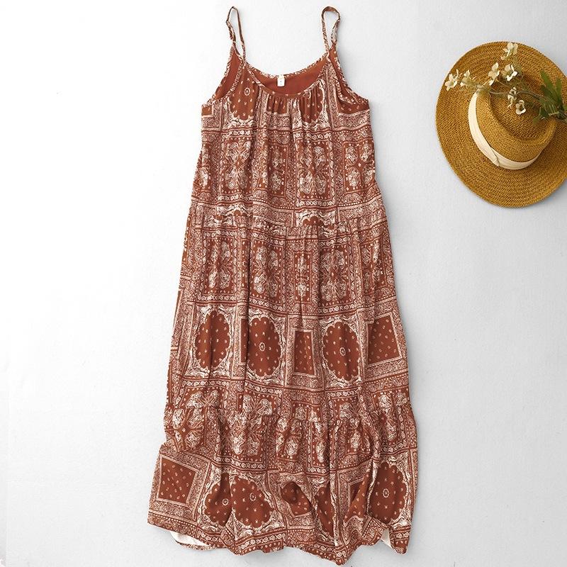 

2025 лето новое платье из хлопка и льна с принтом женская богемная ретро свободная юбка с маятником на подтяжках M