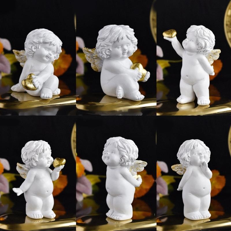 Romance Baby Little Angelic with Heart Desktop Figurine Resins Cherub Statue Sculpture Ornament for Valentines Gifting