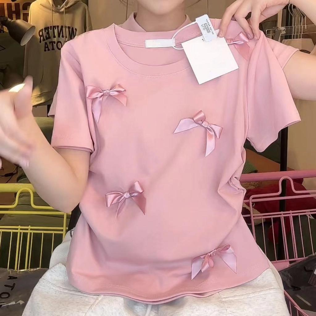 Elegant Ballet Bowknot T Shirts Round Collar Japanese Style Women Top Solid Color Short Sleeve Ribbon Crop Tank Top Women Girl