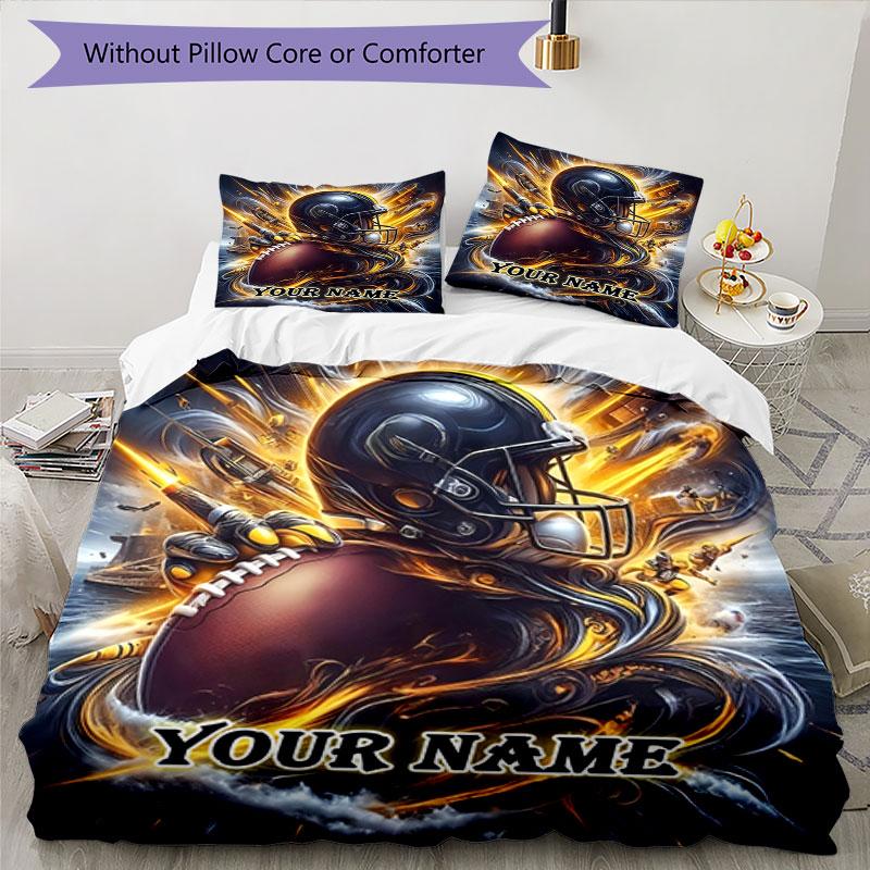 3PC Custom Name "Powerful Football Helmet Artwork" Bedding Set Printed Bedding Set Duvet Cover Closure Includes 1 Duvet Cover & 2 Pillowcases for All 