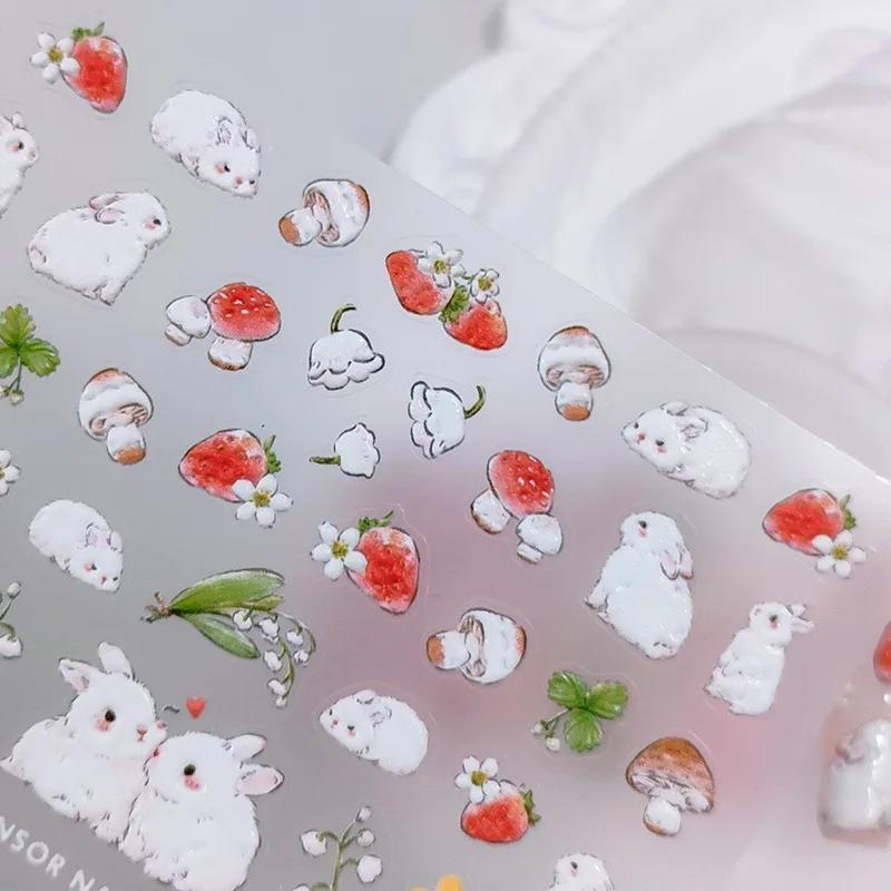 Lovely Strawberry Rabbit Cartoon 5D Embossed Reliefs Self Adhesive Nail Art Decorations Stickers 3D Manicure Decals