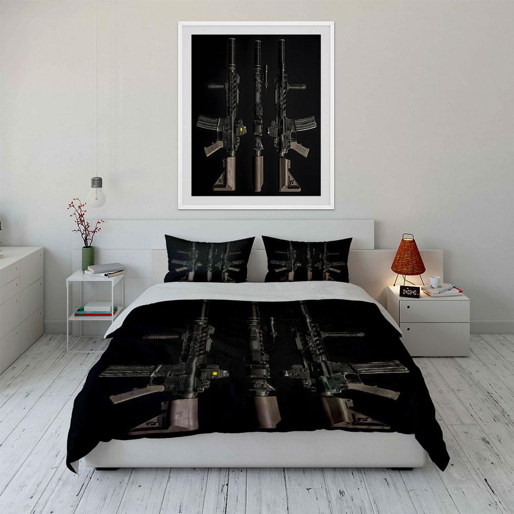 3Pcs Modern Rifle On Black Background Print Soft Comfortable Duvet Cover Bedding Set Included 1*Duvet Cover  2*Pillowcases