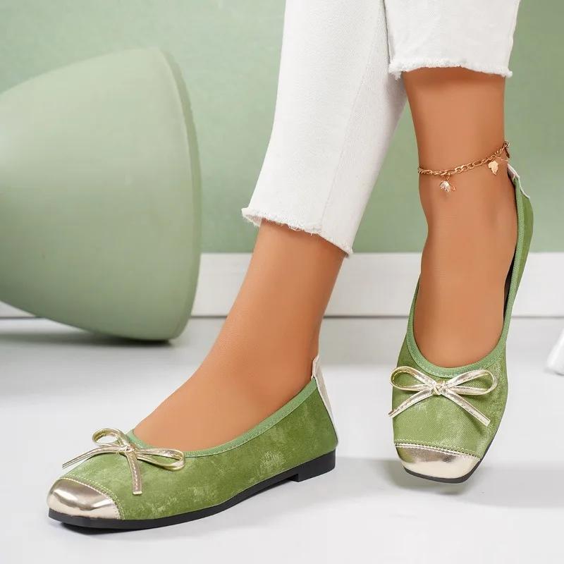 Fashion Women's Ballet Flats 2025 Gold Square Toe Shoes Women Spring Shallow Ladies Flat Shoes Casual Slip on Fashion Bow Zapatos Mujer