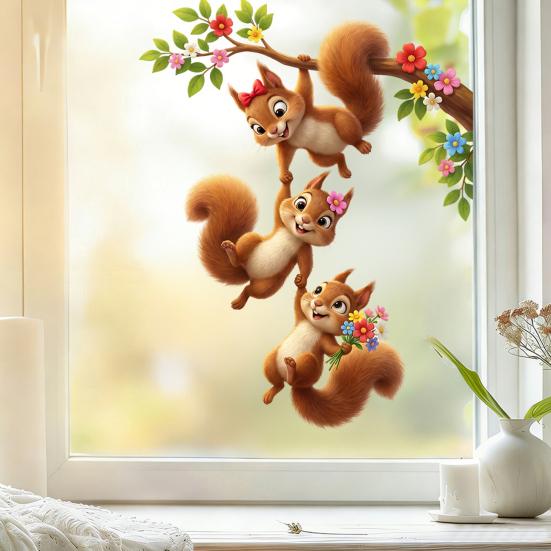 Cute Animal Window Cling Removable Cartoon Squirrel Raccoon Frog Panda Fox Glass Decals for Home Classroom Office Kids' Room Decor
