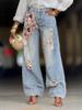 Jeans Rectos Lavados Desgastados con Rosa 3D - Sin Devoluciones ni Cambios
