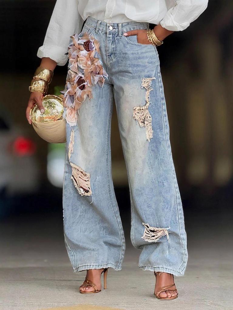 Jeans Rectos Lavados Desgastados con Rosa 3D - Sin Devoluciones ni Cambios