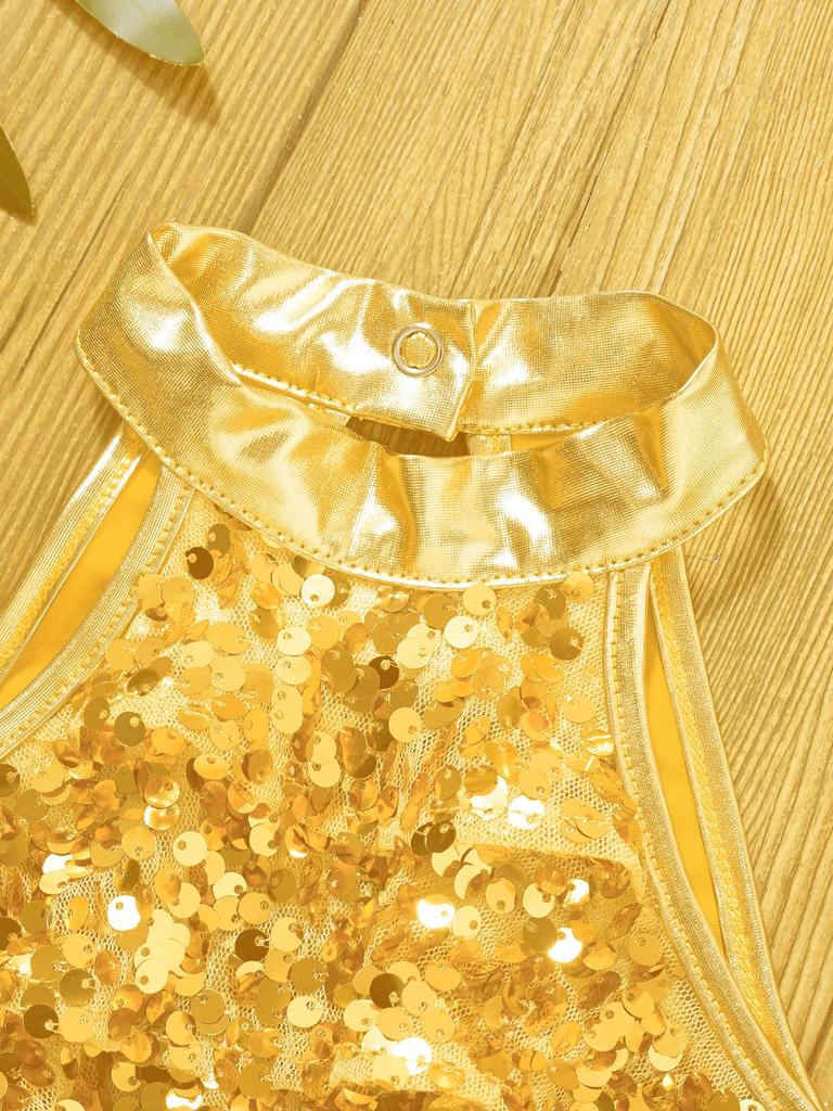Girls Shiny Dance Set Sleeveless Round Collar Backless Shiny Sequins Tiered Crop Top Elastic Waistband Skirt