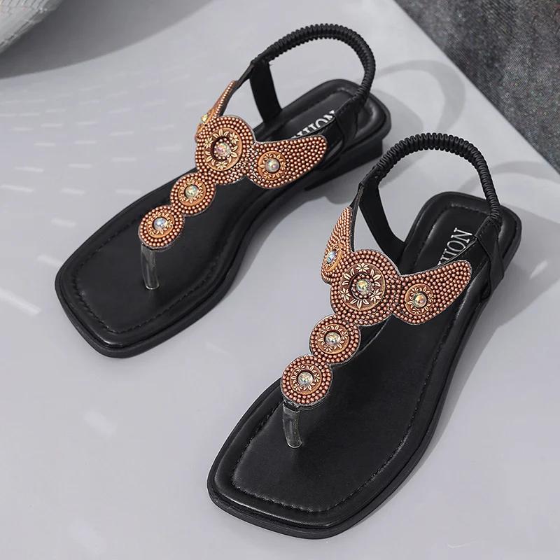 

Fashion Retro Low Heel Crystal Sandals Women Boho Style Clip Toe Elastic Strap Summer Sandles Woman Square Toe Bohemian Sandalias Mujer 41 чёрный