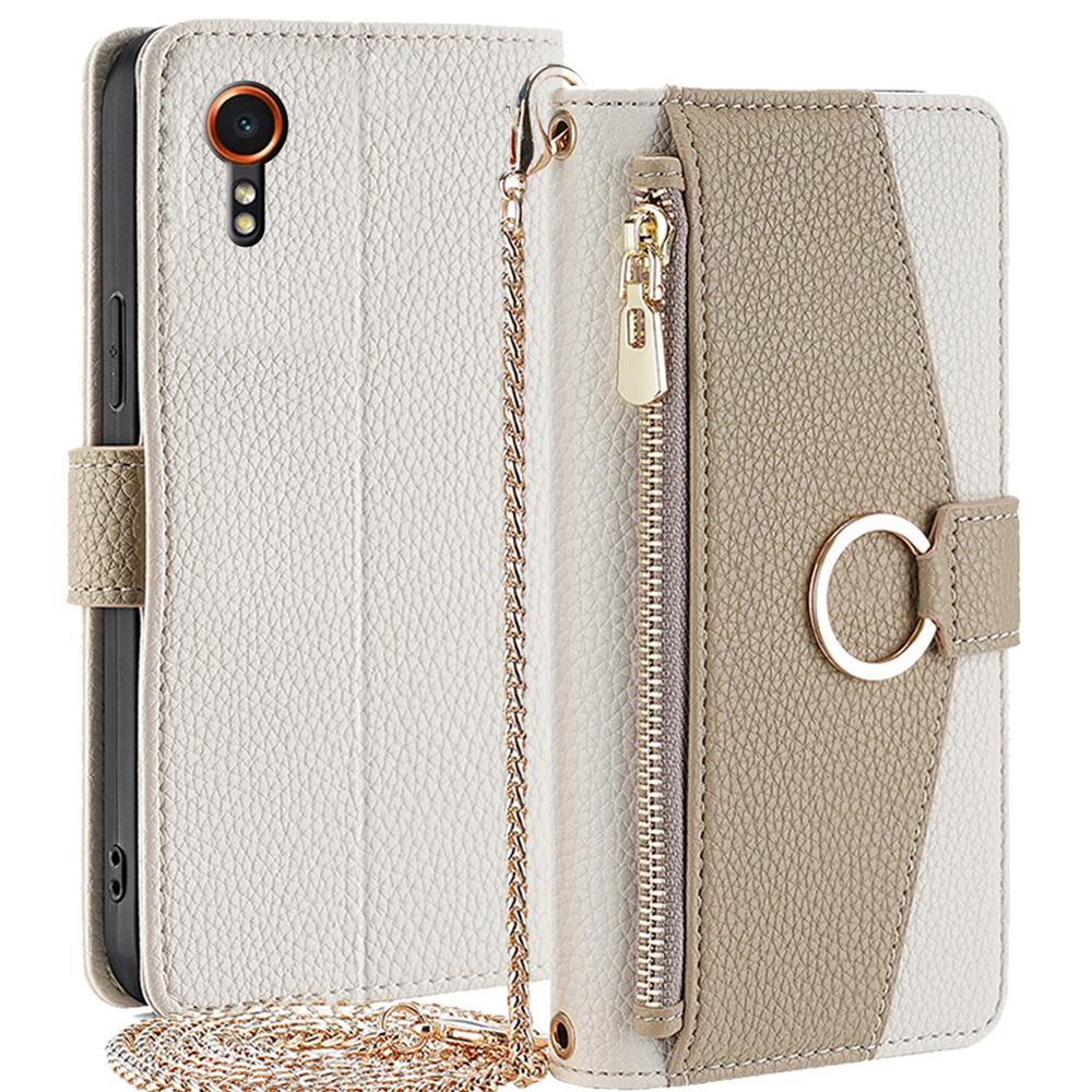 

For Samsung Galaxy Xcover7 Makeup Mirror Zipper Pocket Phone Cover Shockproof Case with Shoulder Strap White