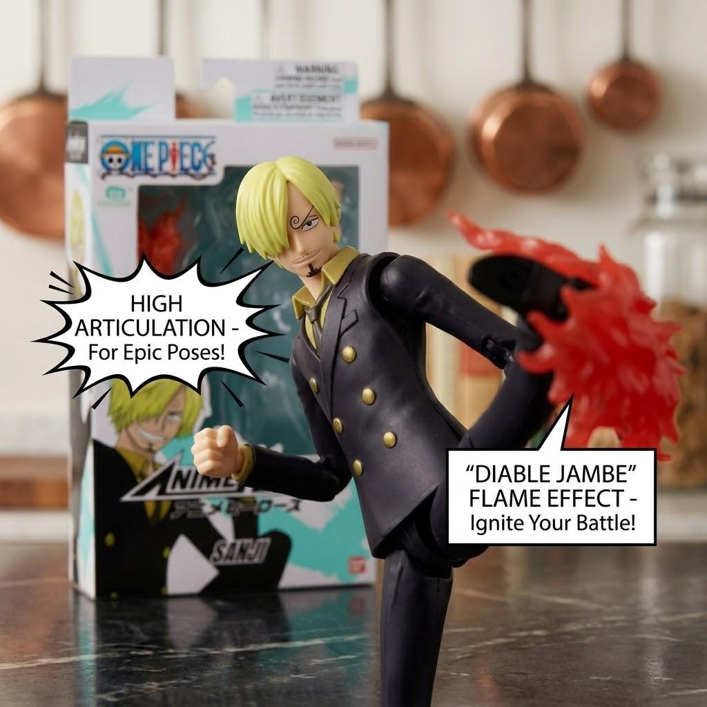 Figura de Acción de Sanji de One Piece - Serie Anime Heroes - 6.5" Juguete Coleccionable Altamente Articulado con Efecto Diable Jambe