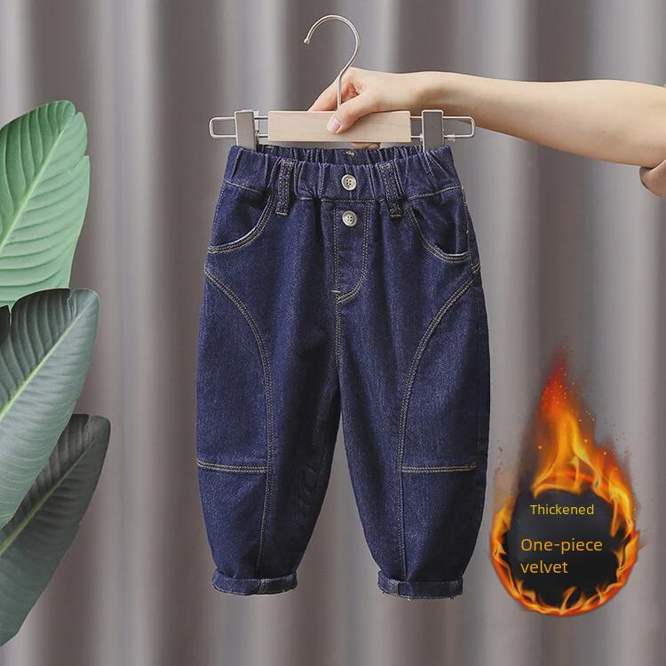 Jungen Fleecegefütterte Haremjeans - Dunkelblaue Winter Karottenhose