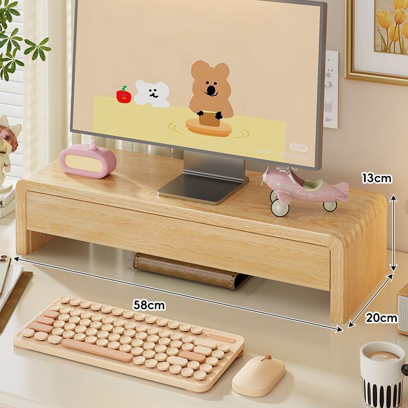 Solid Wood Monitor Stand for Girls' Office with Storage Shelf