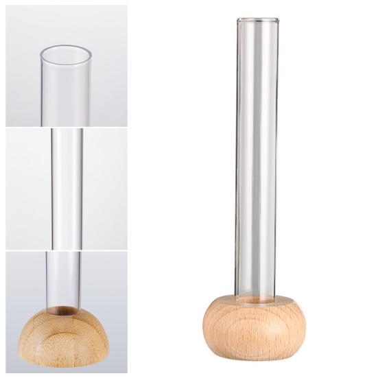 Glass Tube Vase with Wood Base Minimalist Flower Vase Single Stem Flower Vase for Flower Cuttings Home Table Centerpiece Office Desk