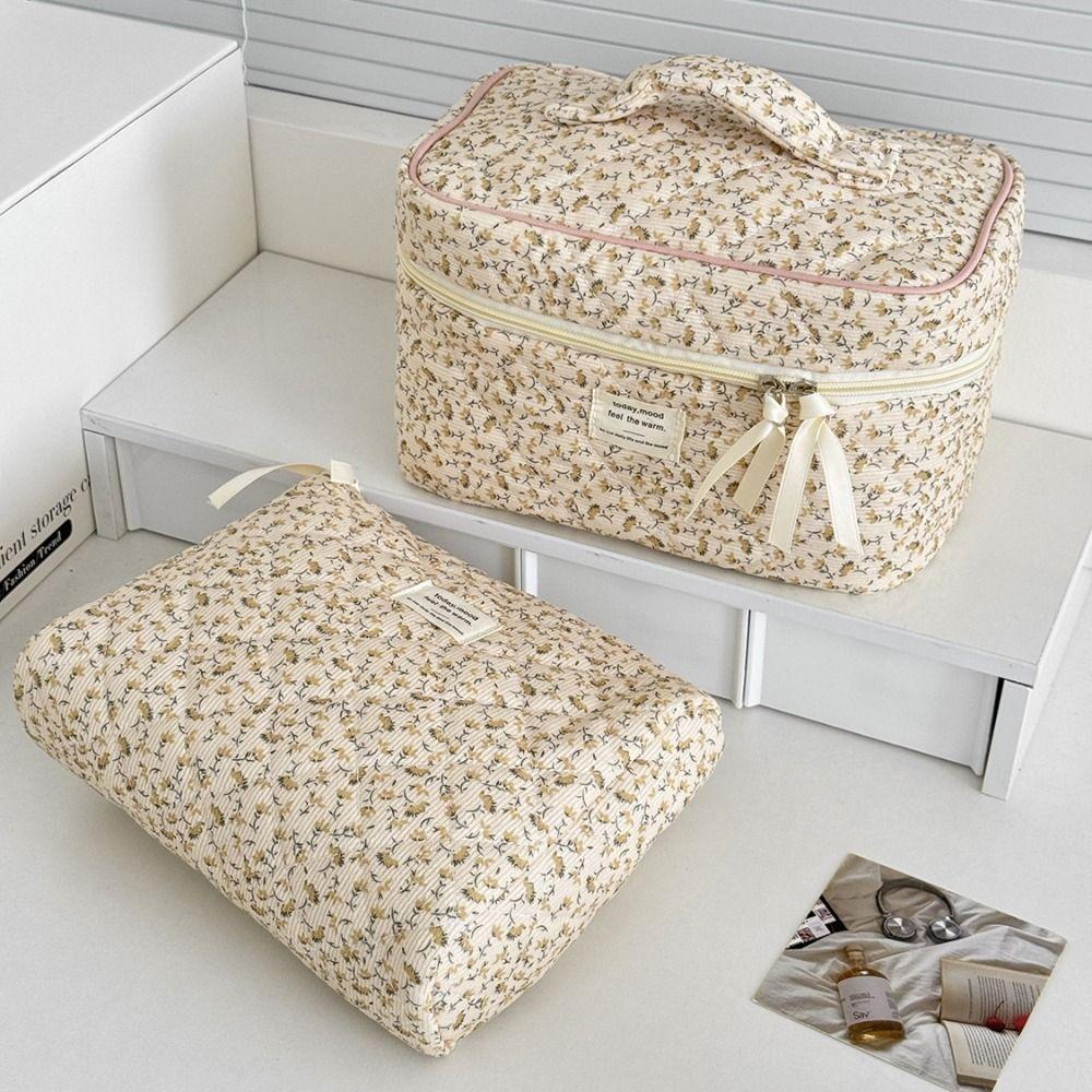 Portable Corduroy Aesthetic Cosmetic Organizer Large Capacity Zipper Floral Makeup Pouch Toiletry Bag Cosmetics