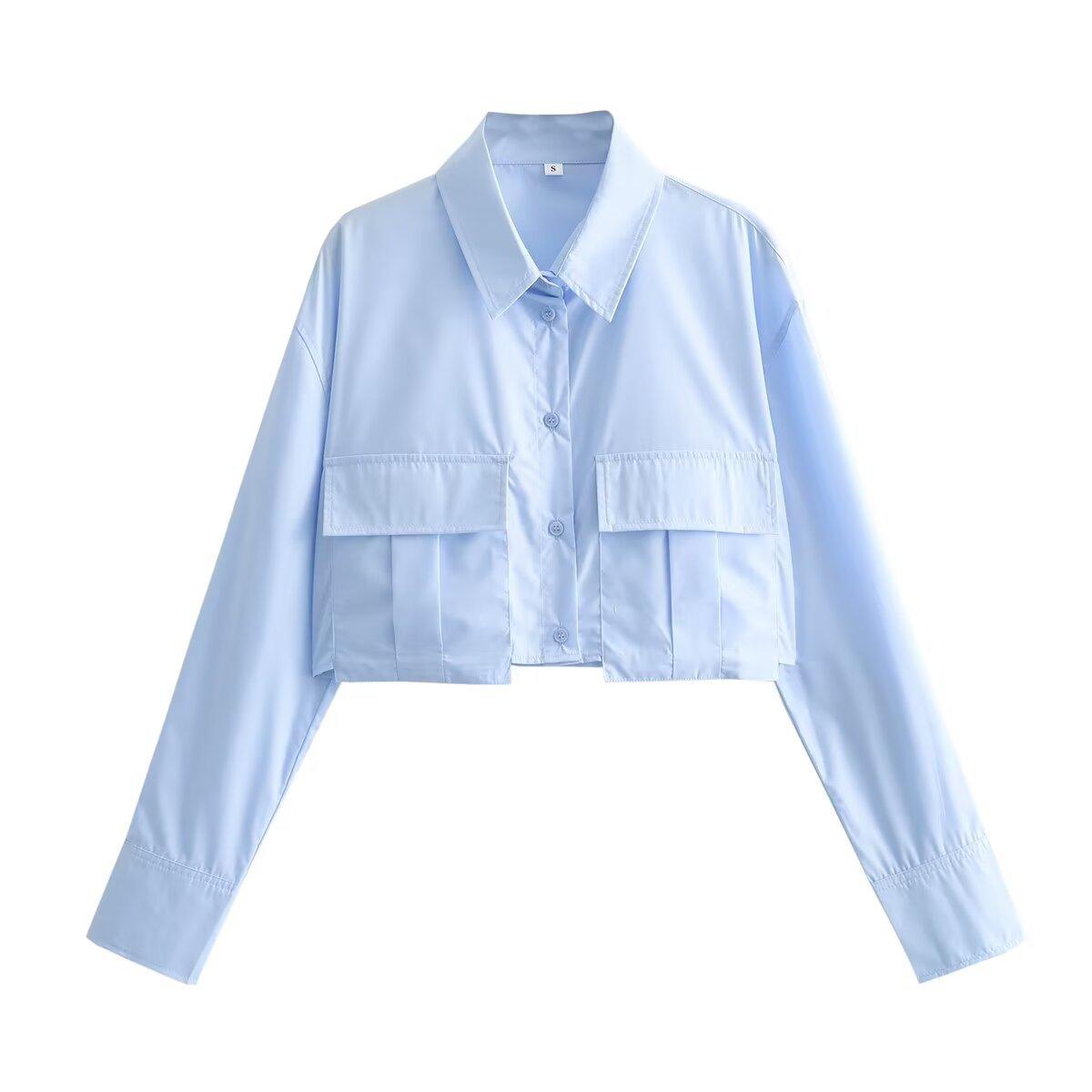 Women s spring/summer new pocket-decorated sun-protective short long-sleeve shirt S синий