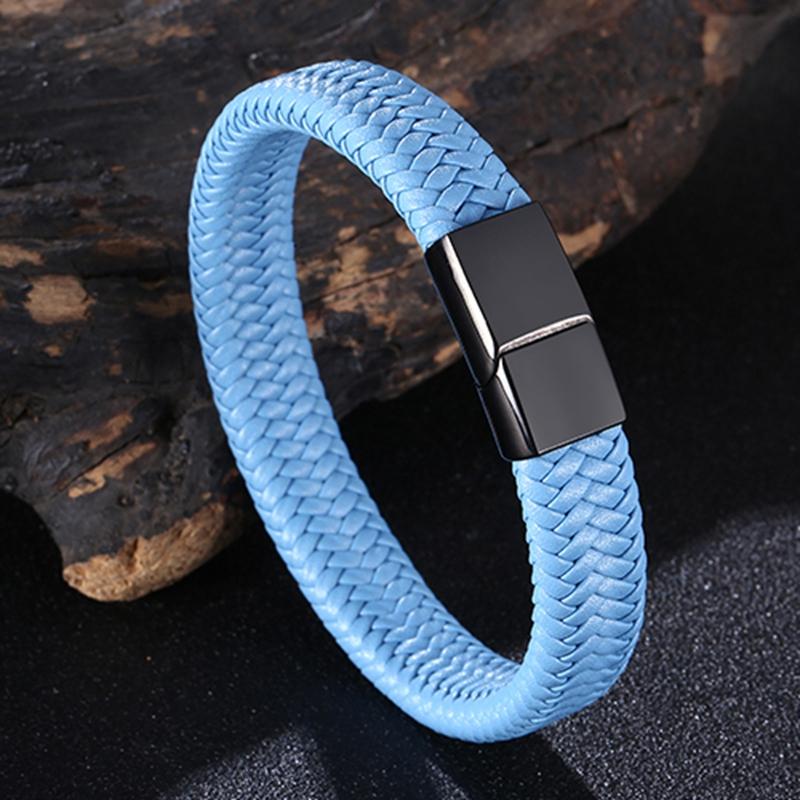 Klassisk Svart Rustfritt Stål Knapp Menn Lærarmbånd Luksus Armbånd Gave