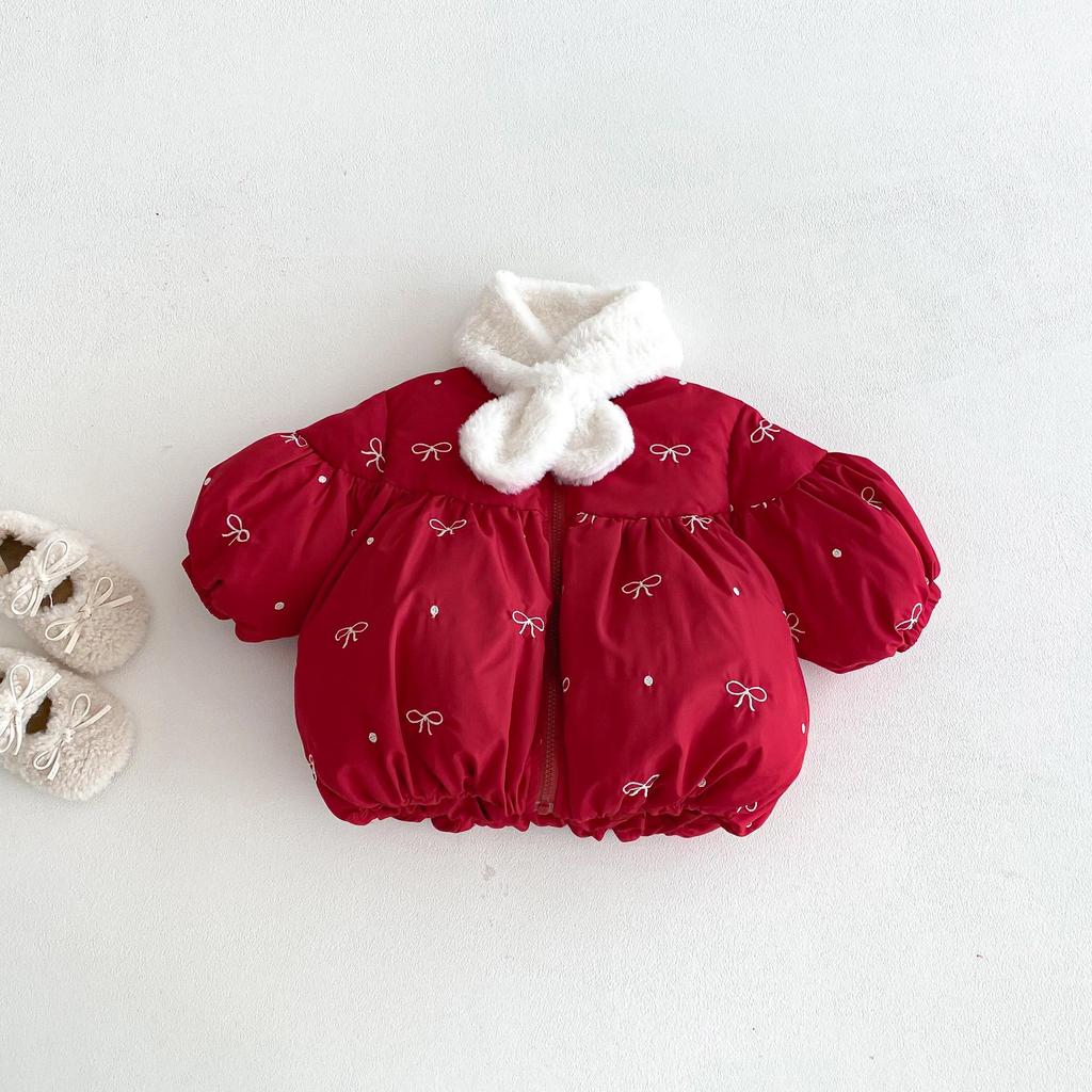 2025 New Girls' Korean-Style Winter Coat with Bow and Scarf - Cute Cotton Padded Outfit for Babies
