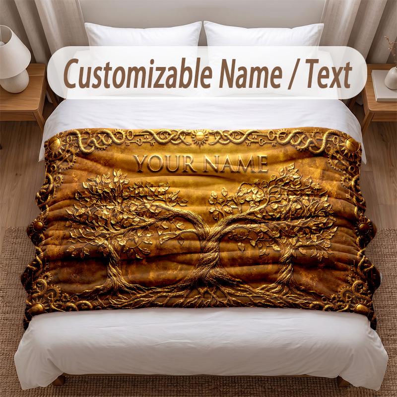 Tree of Life Theme Soft Blanket Personalized Custom Name Text Print Warm Blanket Home Sofa Bedroom Decor