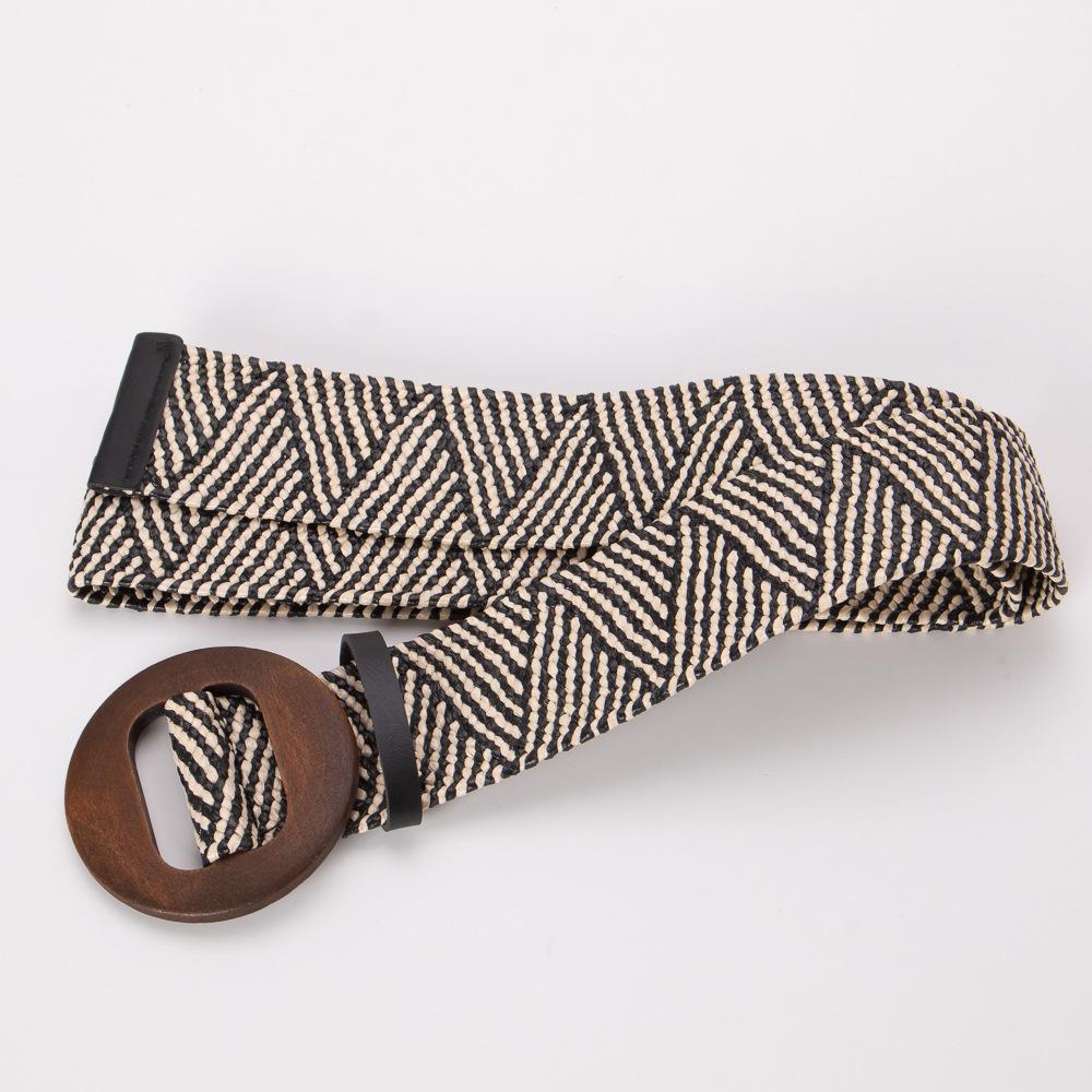 Bohemian Round Wood Buckle Elastic Woven Waist Belt for Women - Summer Dress Accessory