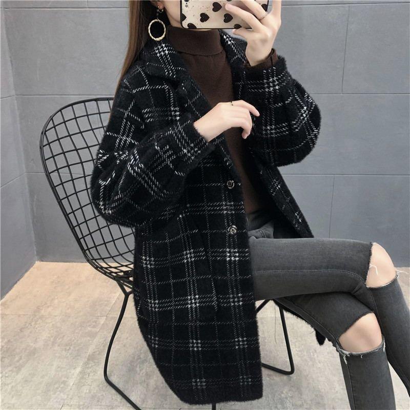

Женское пальто из норкового вельвета в клетку: Полудлинное пальто из шерстяной смеси с воротником-стойкой для весны и осени 2025 M (50-60 kg) чёрный