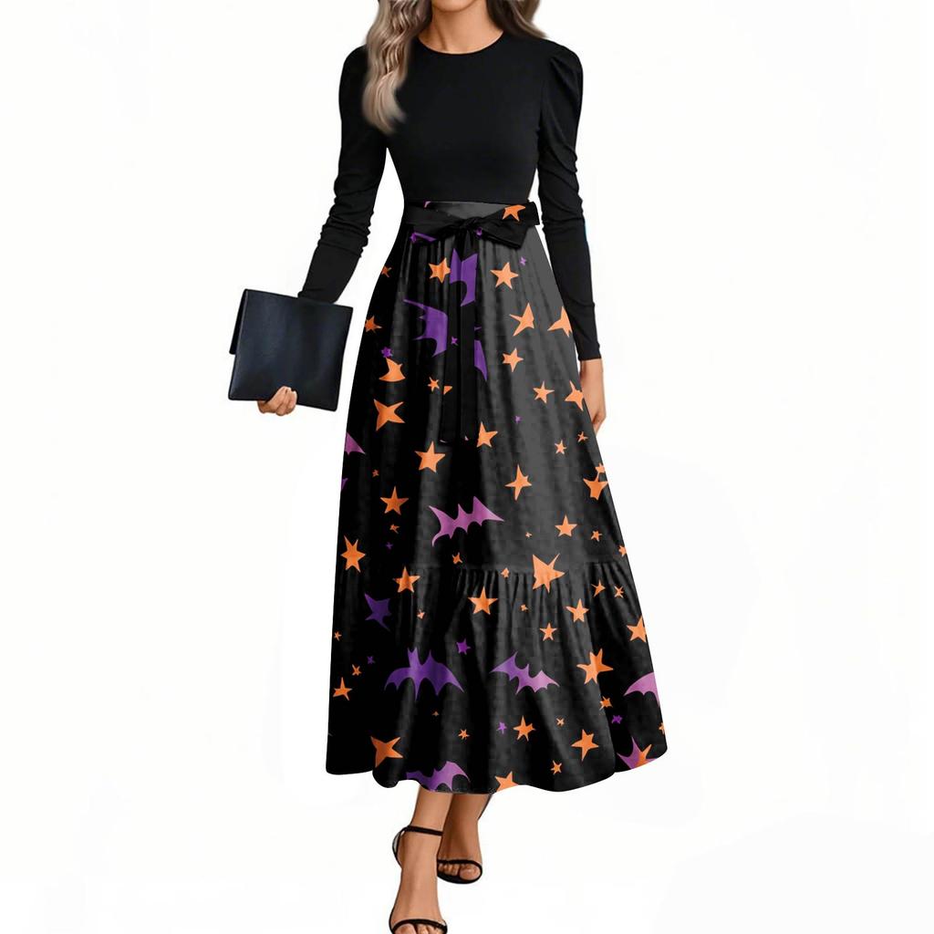 Women's Fashion Casual Belted Long Sleeve Round Neck Halloween Printed Elegant Temperament Dresses