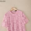 ZANZEA Women Casual Round Neck Short Sleeve Patchwork Lace Crochet Dress