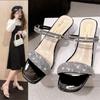 2025 neue Sommer-Einwort-Sandalen mit hohen Absätzen, Strass, offene Zehenpartie, dicker Absatz, mittlerer und hoher quadratischer Kopf, Damensandalen