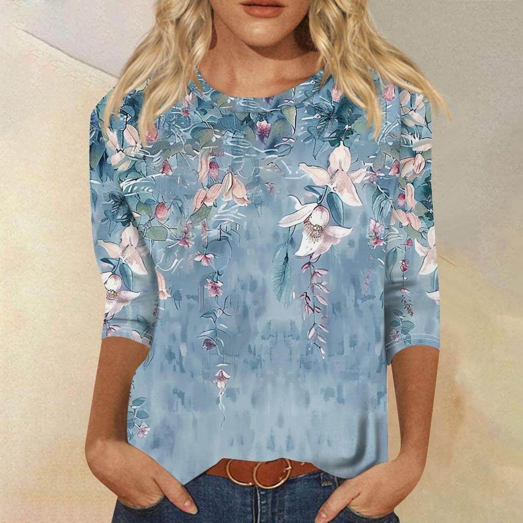 Damenmode Lässiges T-Shirt mit Rundhalsausschnitt und Dreiviertelärmeln und Aufdruck