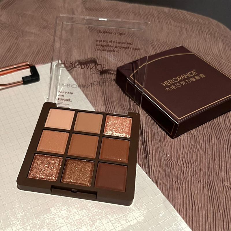 Herorange 9 Colors Glitter Eyeshadow Palette Chocolate Brown Shimmer Matte Eyeshadow Palette Waterproof Korean Makeup Cosmetics