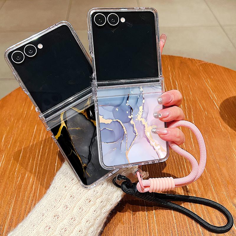 Marble Patterned Lanyard Phone Case For Samsung Galaxy Z Flip 7 FE 6 5 4 3 5G Folding Hard Clear Cover For Samsung Z Flip7 Flip6
