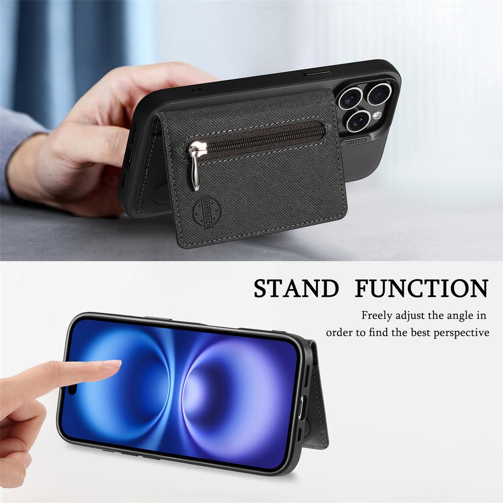 Mobile Phone Case Card Holder With PU Leather Back Sticker Card Bag Portable Zipper Wallet Stand For iPhone 16 Pro Max 15 14 13