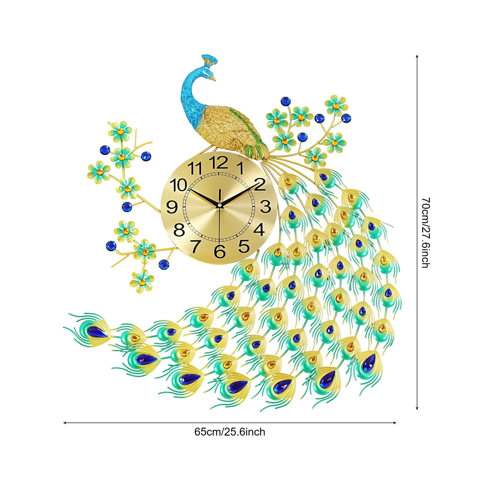 

29.5-inch Large Peacock Wall Clock w/ Crystal Decor,3D Creative Luxury Clock,Silent Non-Ticking,Living Room Decorative Big Clock зелёный