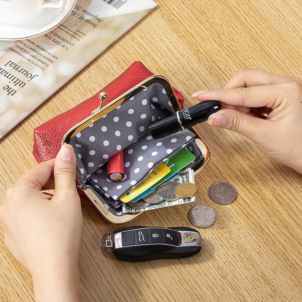 Leather Kiss Lock Closure Coin Purse - Polka Dot Lining Frame Clasp Pouch, Mini Retro Wallet for Coins & Lipstick,Gift for Girls