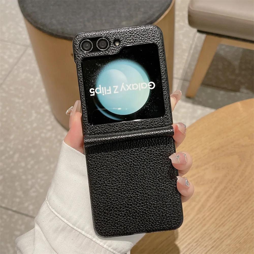 

Роскошные кожаные чехлы для Samsung Galaxy Z Flip 5 3 4, чехол для телефона, складной чехол с рисунком личи, антидетонационный универсальный чехол Z Flip 4 For Galaxy Z Flip 3 чёрный